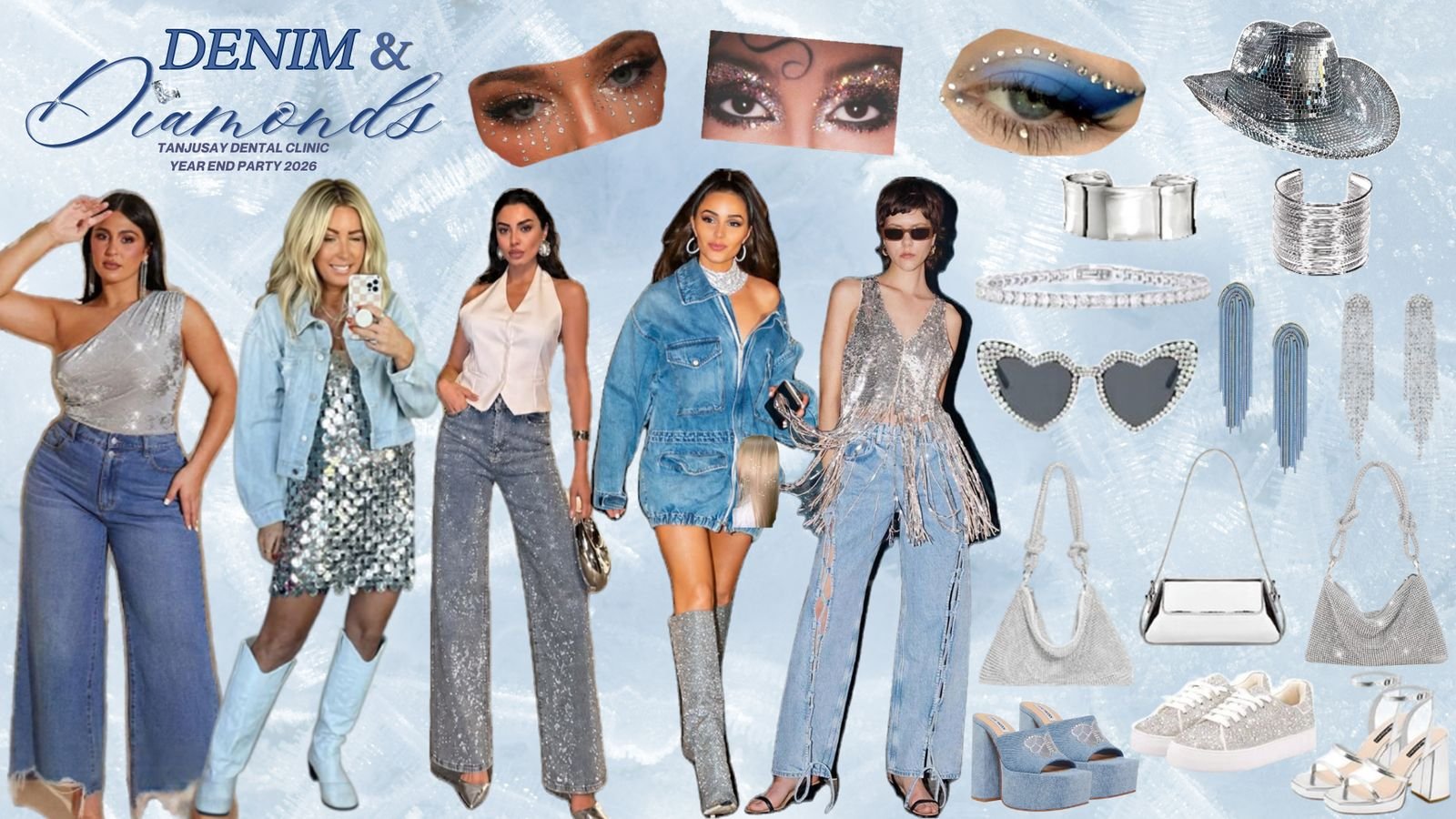 Outfit ideas for her: sparkly tops with wide jeans, denim jackets over sequins, rhinestone jeans and boots, plus crystal eye makeup, disco cowboy hat, silver cuffs, rhinestone earrings, heart sunglasses, silver bags and denim or silver heels.